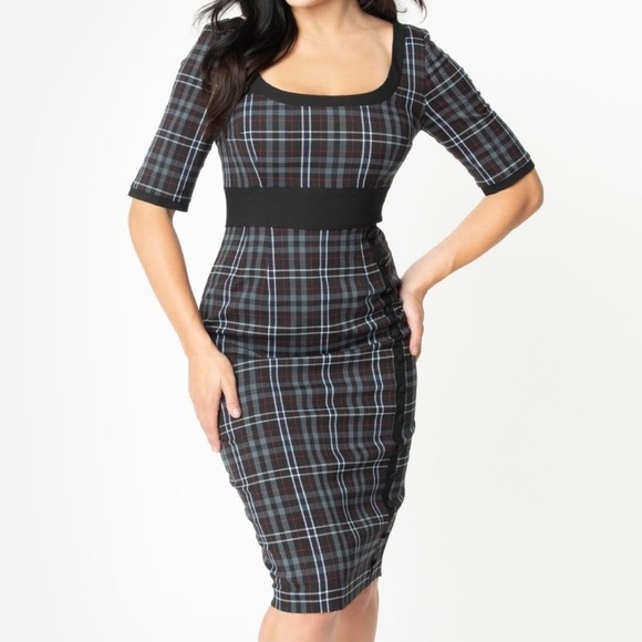 NWT Glamour Bunny 1960s Style Black & Grey Plaid Emily Pencil Dress - Picture 12 of 12